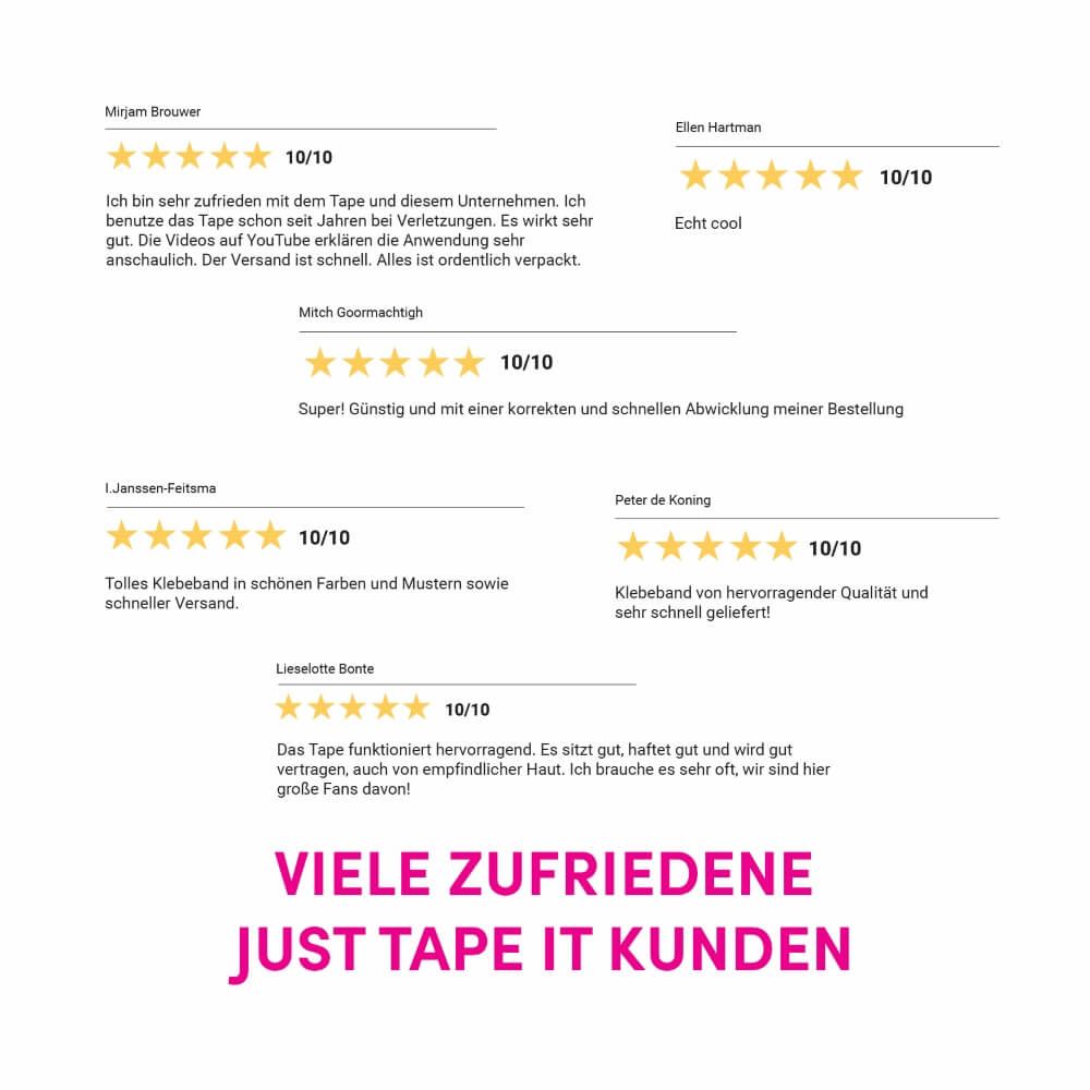 Kinesiotape in verschiedenen Farben und Mustern, das auf den unteren Rücken einer Person aufgetragen ist.
