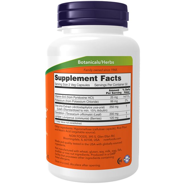 Weiße Flasche mit blauem Deckel. Aufschrift: Supplement Facts. Enthält Inhaltsstoffe wie Vitamin B-6, Uva Ursi Extrakt, und mehr.