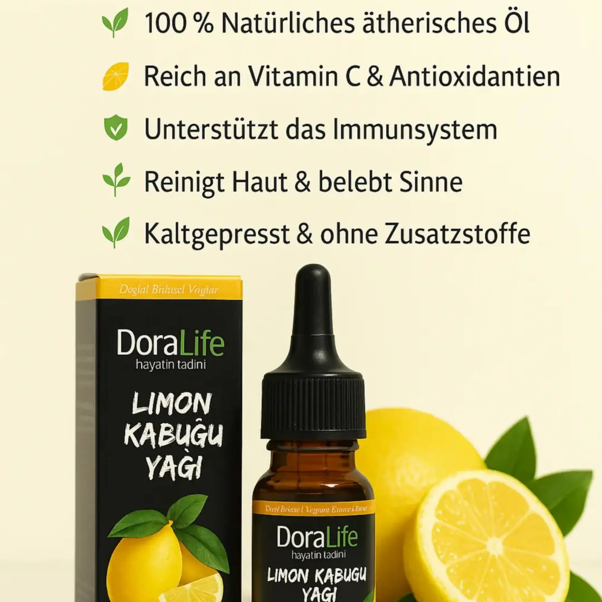 Produktflasche und Karton mit Zitronen und Blättern. Text: DoraLife Limon Kabuğu Yağı. Aufschrift: 100% natürliches ätherisches Öl, reich an Vitamin C.