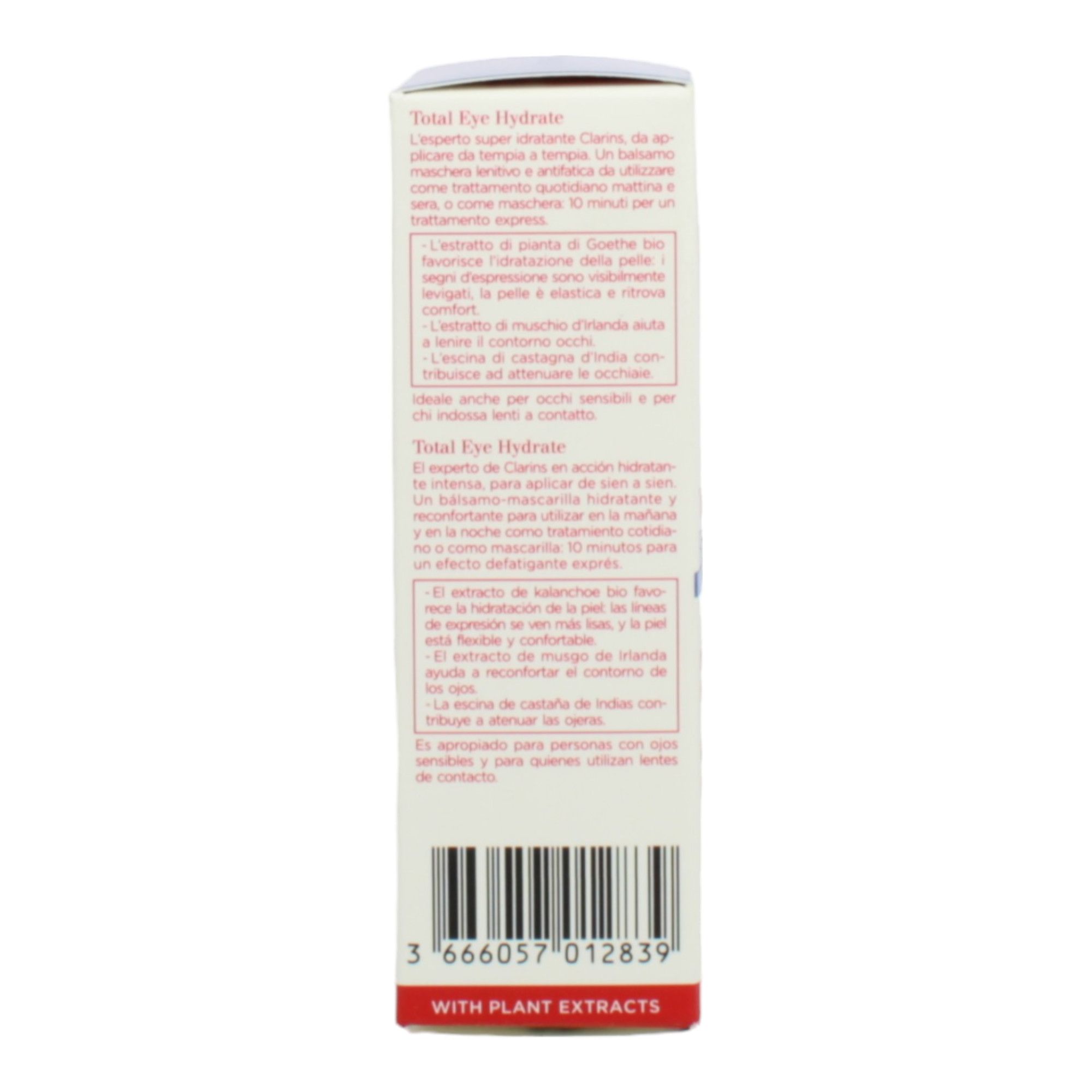 Clarins Total Eye Hydrate Maske, Seitenansicht der Verpackung mit Text.