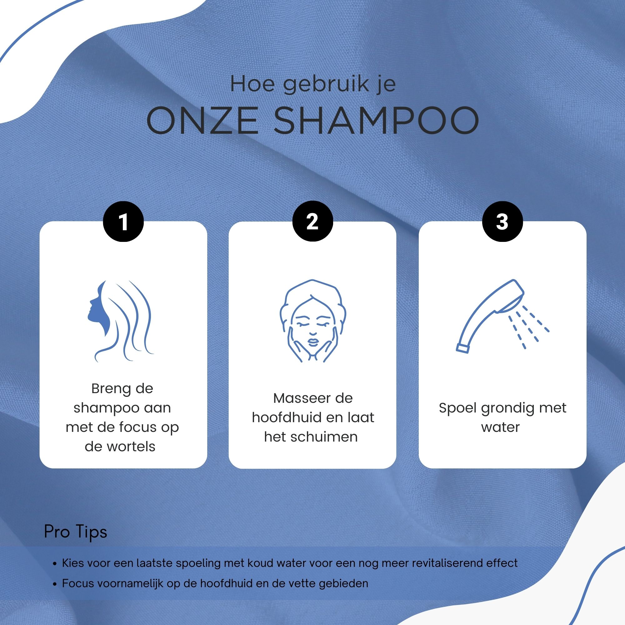 Drie stappen om de shampoo te gebruiken. Tekst: Breng de shampoo aan, masseer de hoofdhuid, spoel uit.