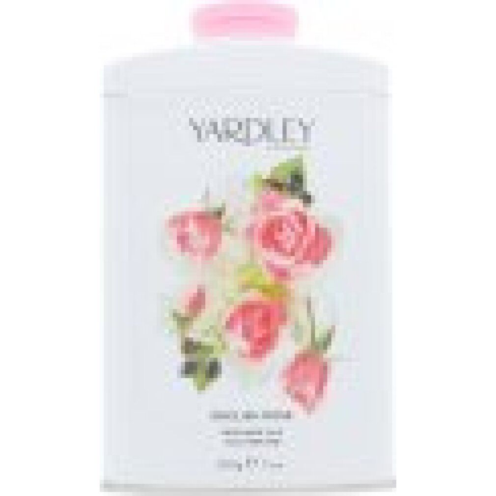 Weißer Behälter mit rosa Deckel. Aufdruck: Rosen, Schriftzug 'Yardley London', 'English Rose'.