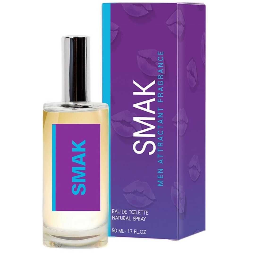 Parfümflasche mit silbernem Verschluss und lila Etikett mit der Aufschrift "SMAK". Daneben eine lila Schachtel mit Lippen-Motiven und "SMAK".