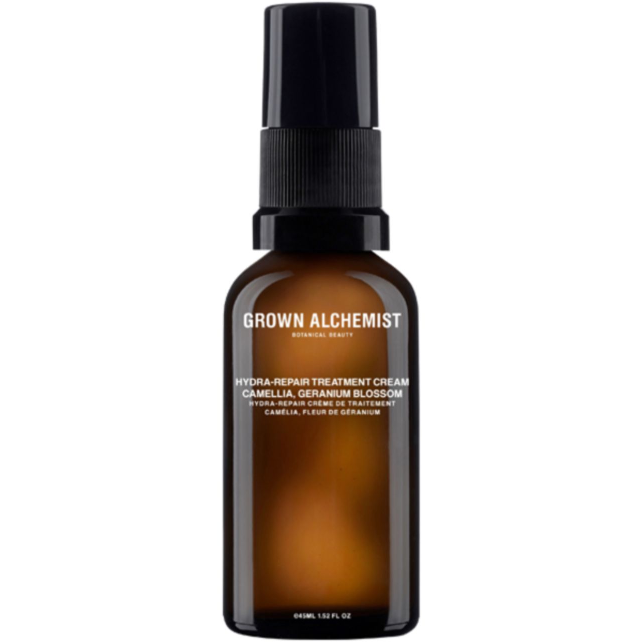 Braune Glasflasche mit schwarzem Sprühkopf. Aufschrift: Grown Alchemist, Hydra-Repair Treatment Cream.