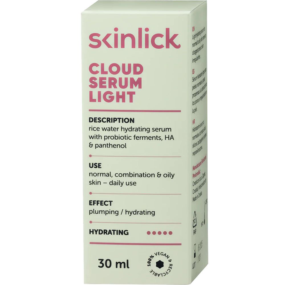 Skinlick Cloud Serum Light 30ml Spenderbox mit Reiswasser-Serum, probiotischen Fermenten, HA & Panthenol.