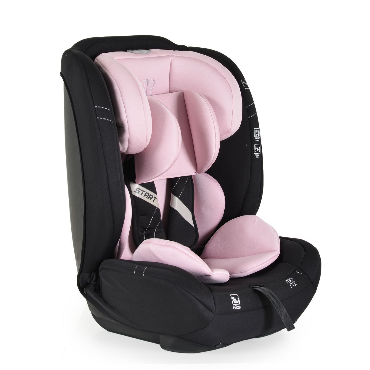 Kindersitz, schwarz mit rosa Polsterung, mit Kopfstütze und Gurt