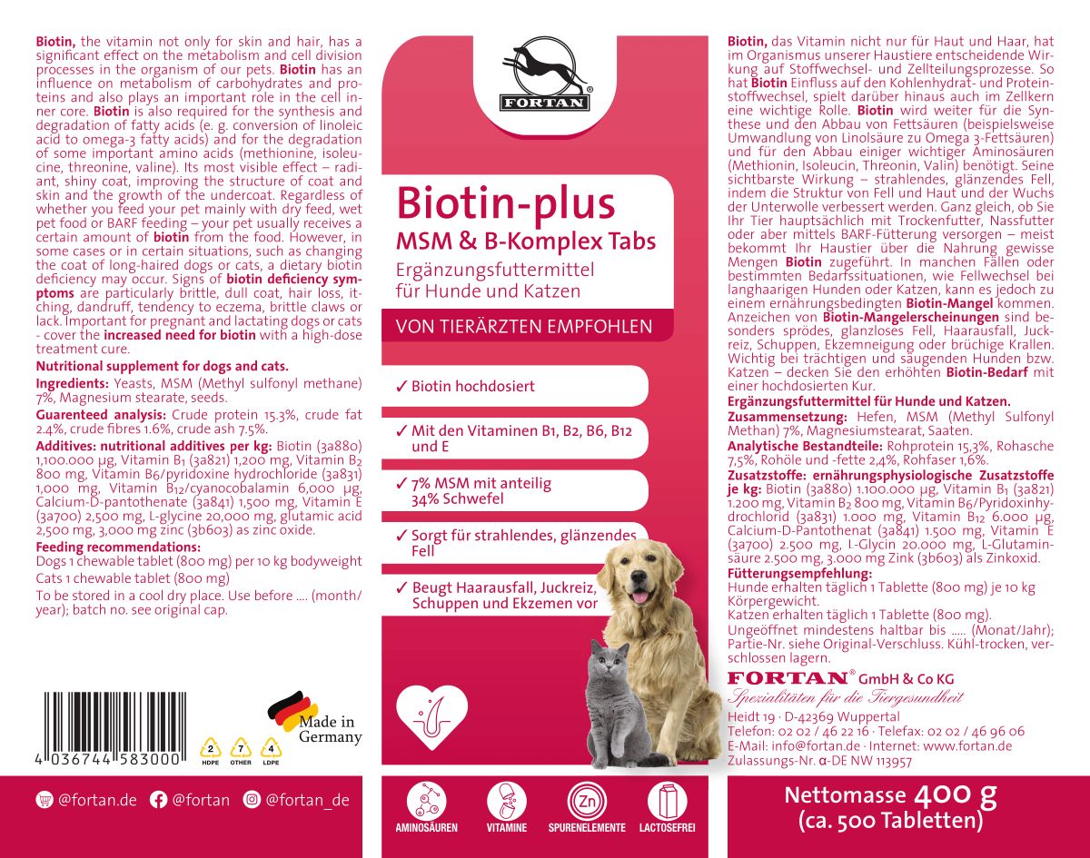 Rückseite der Verpackung. Text: FORTAN Biotin-plus MSM & B-Komplex Tabs. Inhaltsstoffe, Fütterungsempfehlung, Abbildung von Hund und Katze.