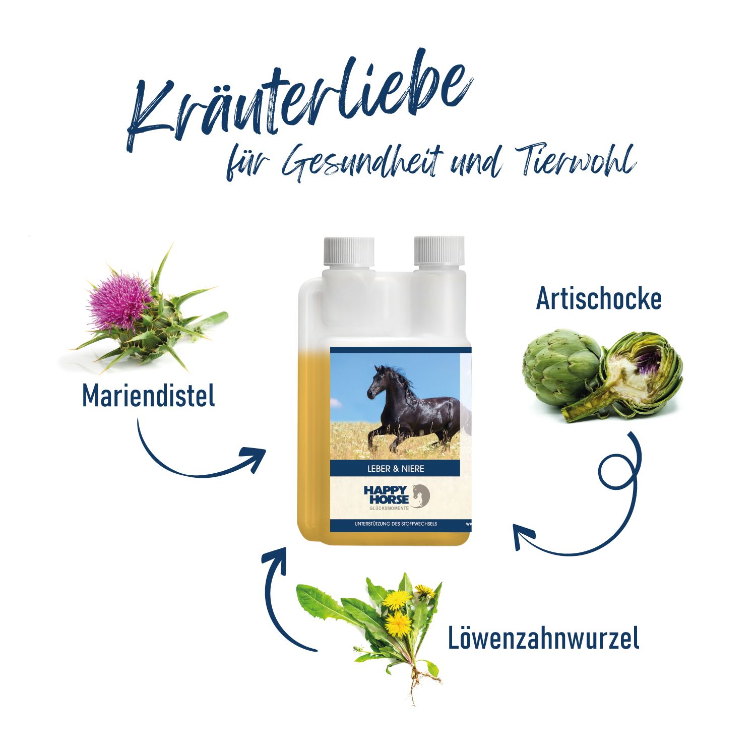 Doppelflasche mit gelber Flüssigkeit. Aufkleber mit Pferd und Kräutern. Mariendistel, Artischocke und Löwenzahnwurzel.