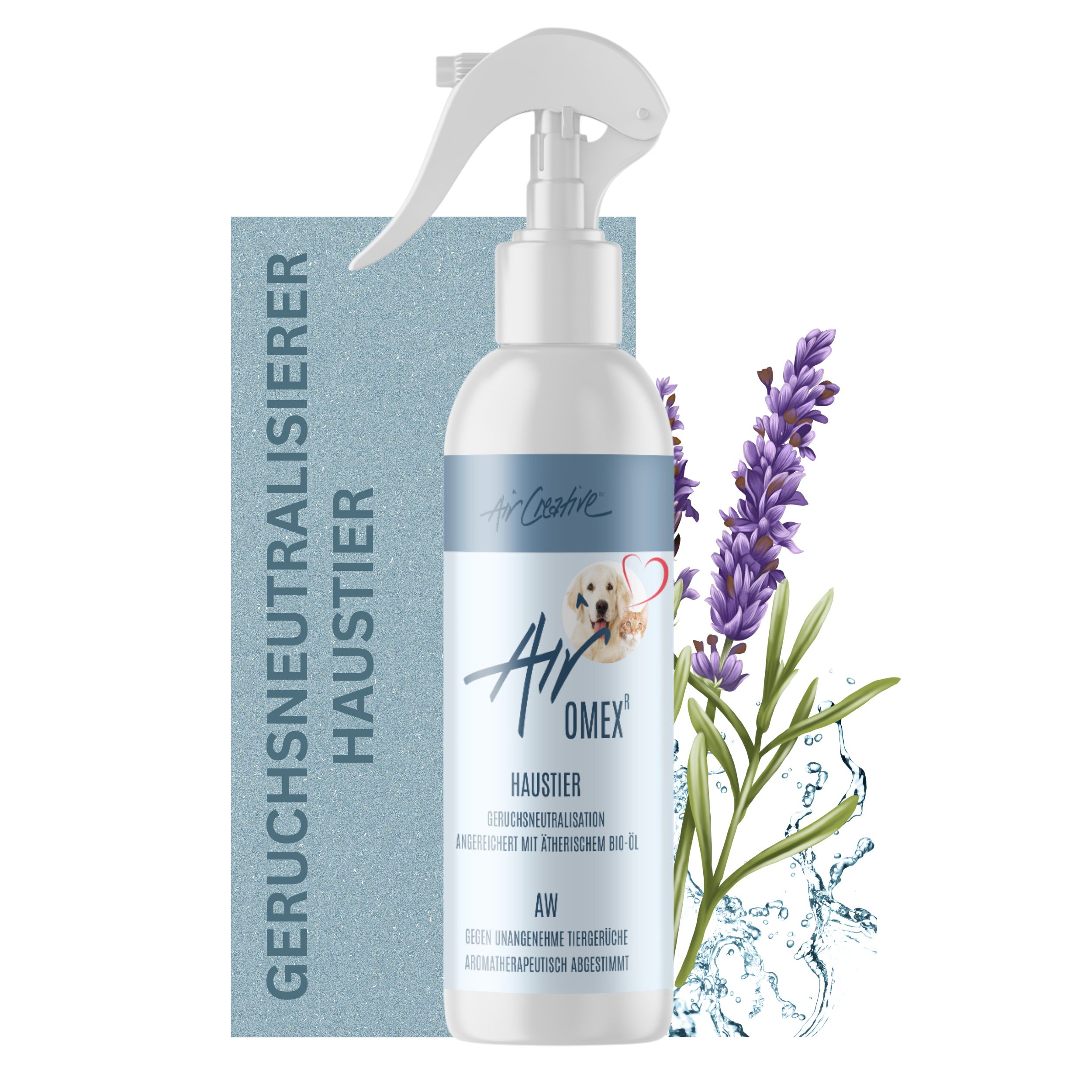 Weißes Spray mit Sprühkopf. Aufschrift: Air Creative Airomex, Haustier. Lavendelzweig. Text: Geruchsneutralisierer, Aromatherapie.