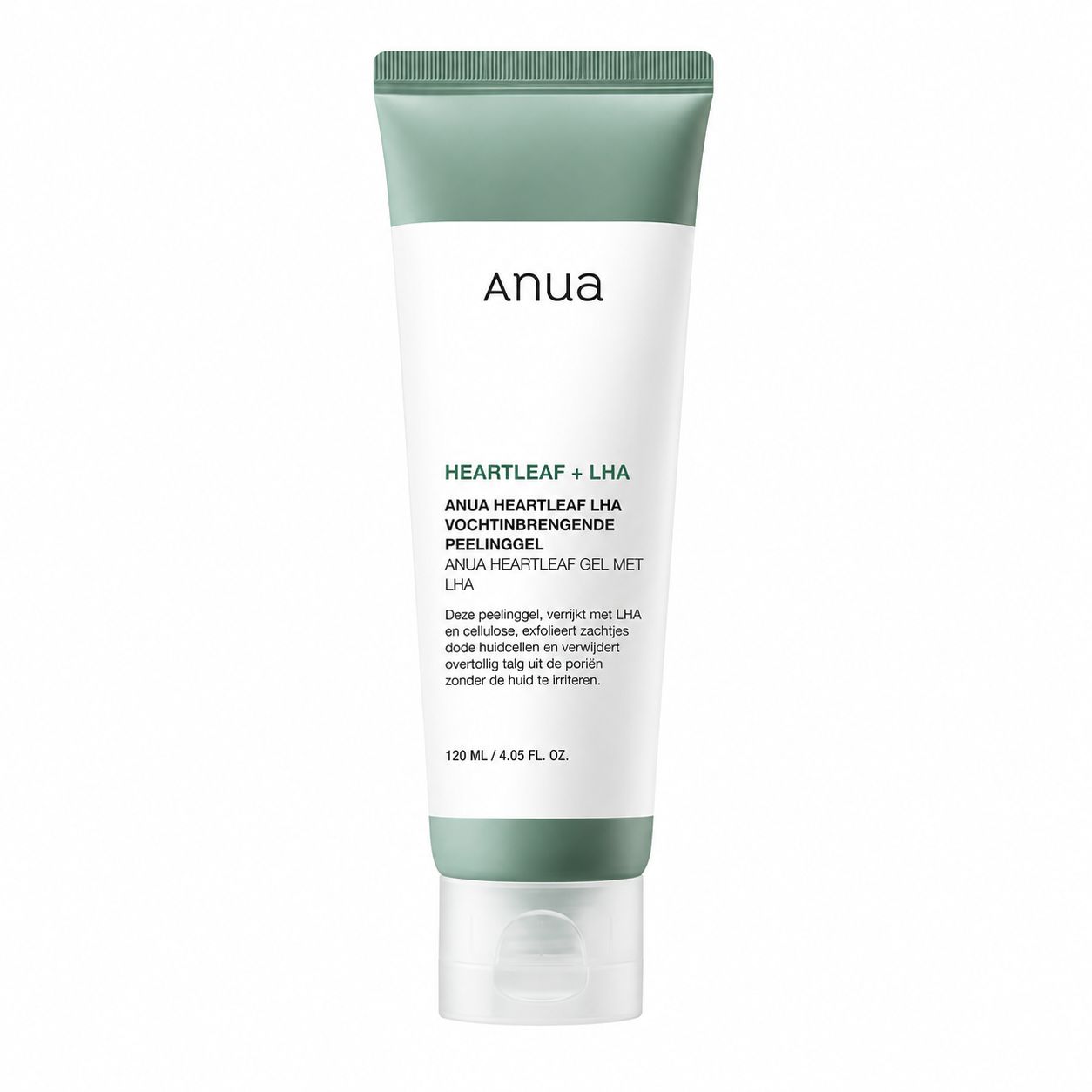 Anua Heartleaf + LHA feuchtigkeitsspendendes Peeling-Gel in einer weißen Tube mit grünem Akzent. 120 ml.