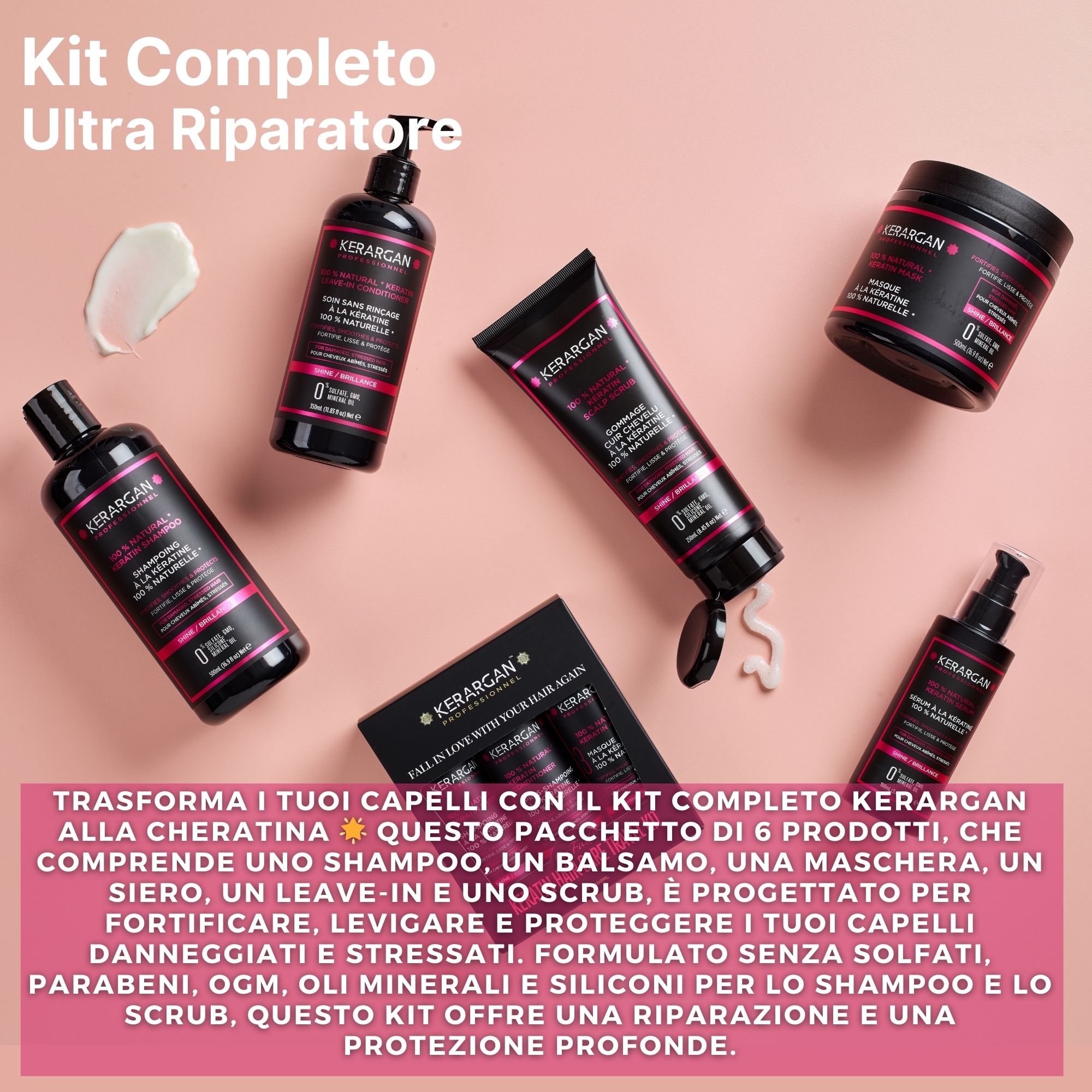 Siero Kerargan in flacone nero con etichetta rosa. Contiene cheratina naturale al 100%. 100ml. Dermatologicamente testato.