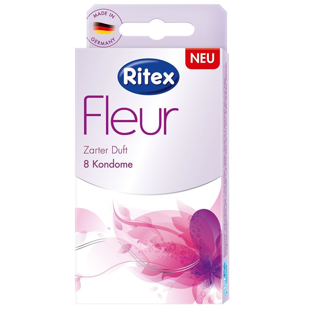 Verpackung von Ritex Fleur Kondomen. Weiß-lila Design mit floralem Muster. Enthält 8 Kondome. "Neu"-Label.