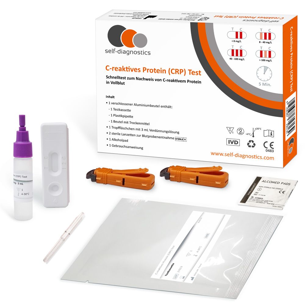 Testkit mit Testkassette, Lanzetten, Probenröhrchen, Alkoholtupfern und Anweisungen.
