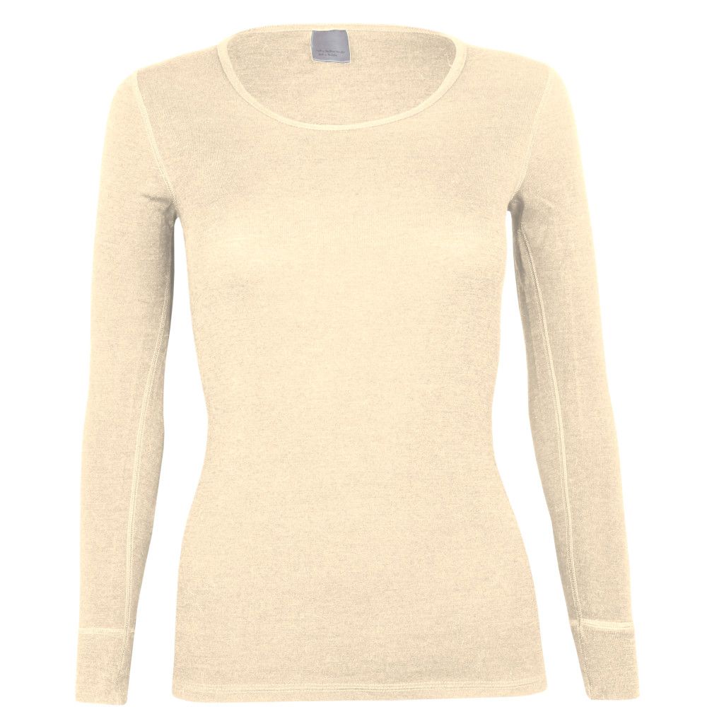 Beige Damenunterhemd mit langem Arm. Rundhalsausschnitt, eng anliegend. Manschetten an den Ärmeln. Etikett am Nacken.