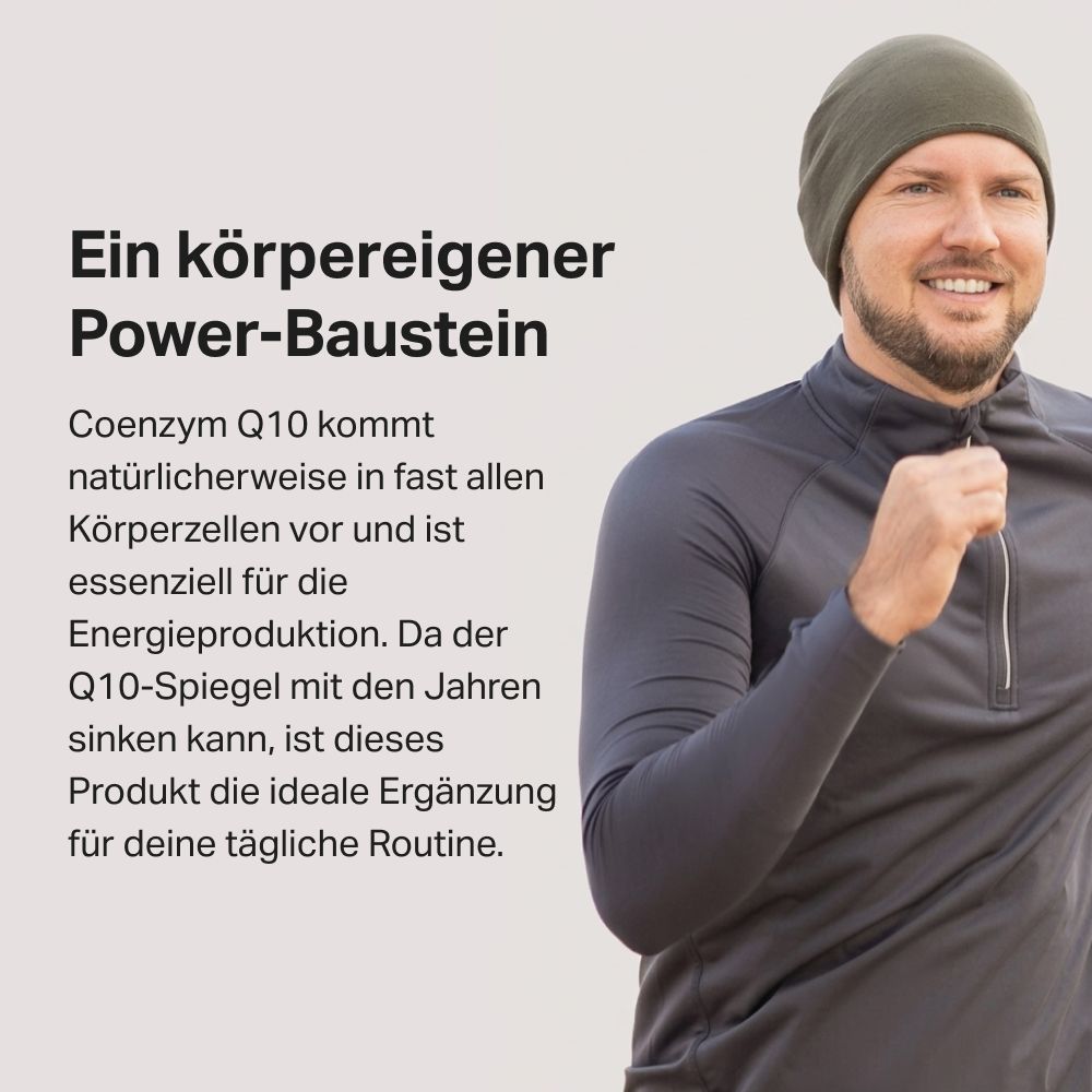 Läufer mit Coenzym Q10 Dose. Text erklärt Q10 als "körpereigenen Power-Baustein".