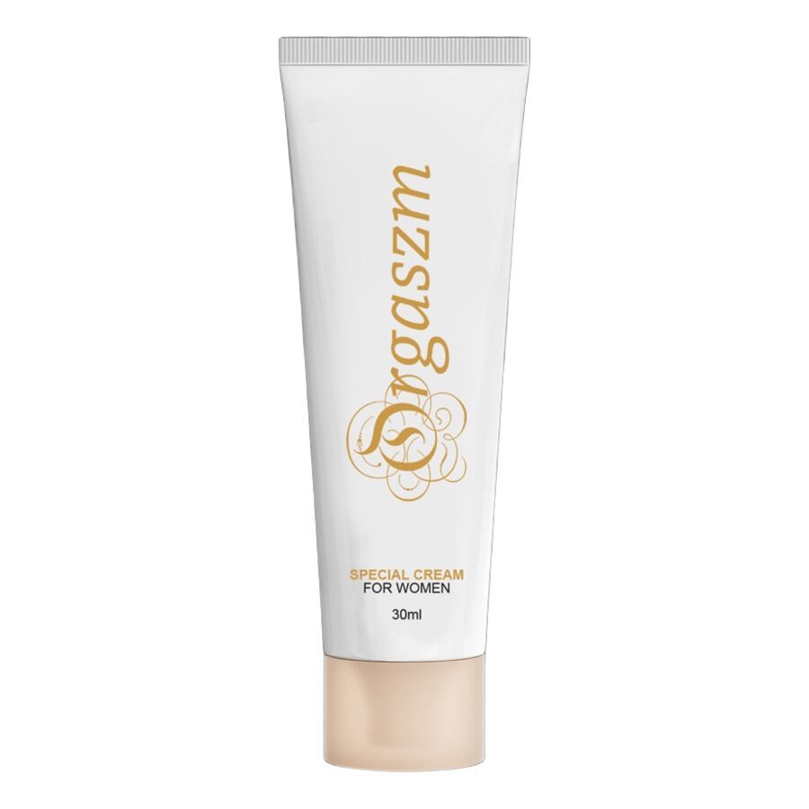 Weiße Tube mit goldfarbenem Schriftzug. Aufschrift: Orgaszm, Special Cream for Women, 30ml.