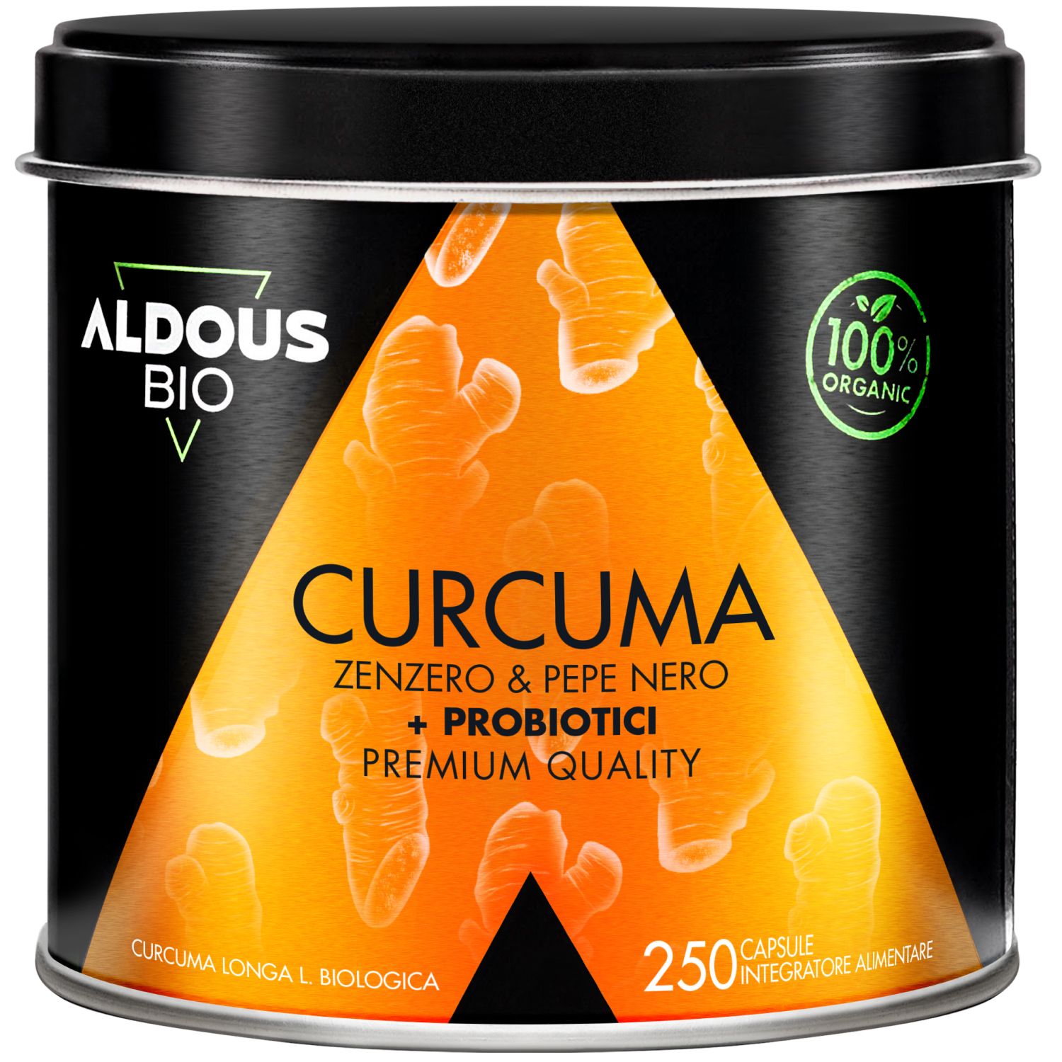Aldous Bio Curcuma Dose mit 250 Kapseln, 100% Bio-Zutaten.