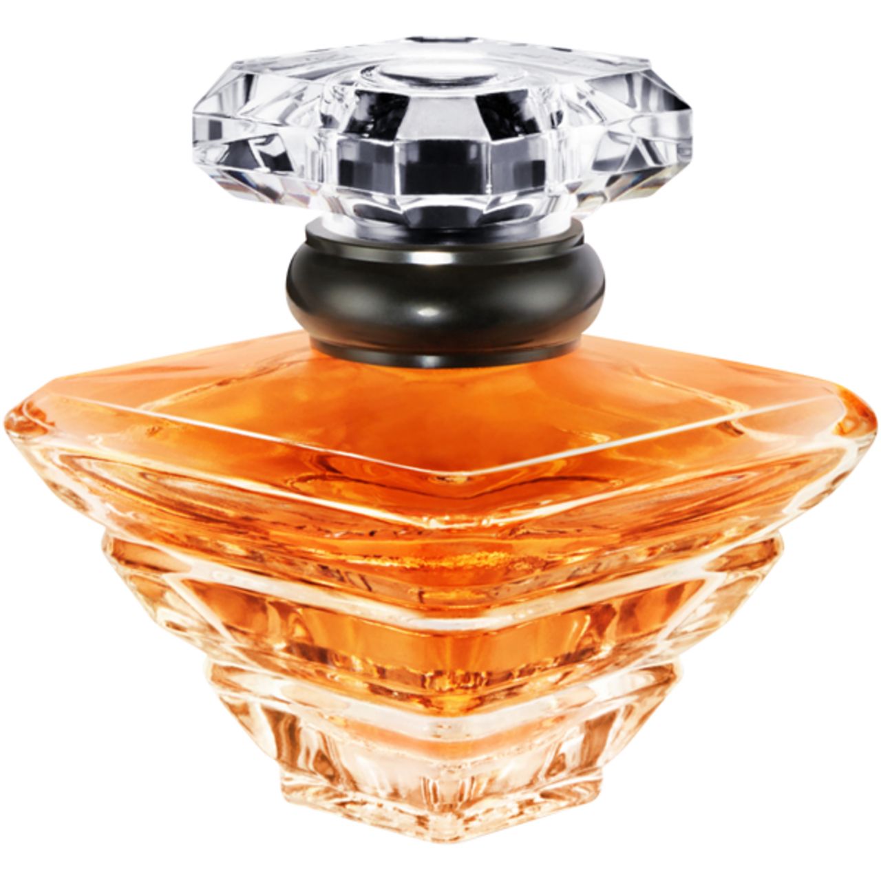 Parfümflakon, quadratisch, bernsteinfarbenes Glas, klarer Deckel. Aufschrift: Trésor, Lancôme Paris.