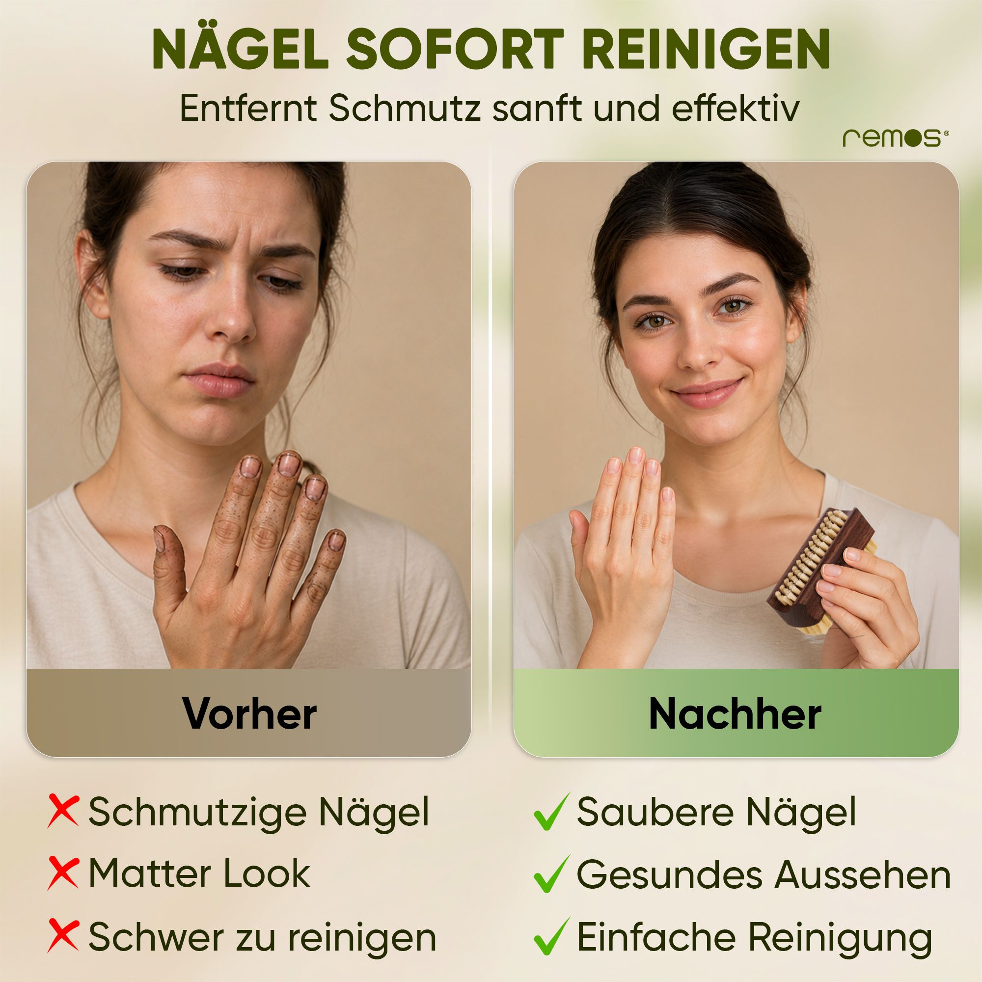 Vorher-Nachher-Vergleich: Frau mit schmutzigen Händen und Nägeln, dann mit sauberen Händen und Nägeln, hält eine Handbürste.