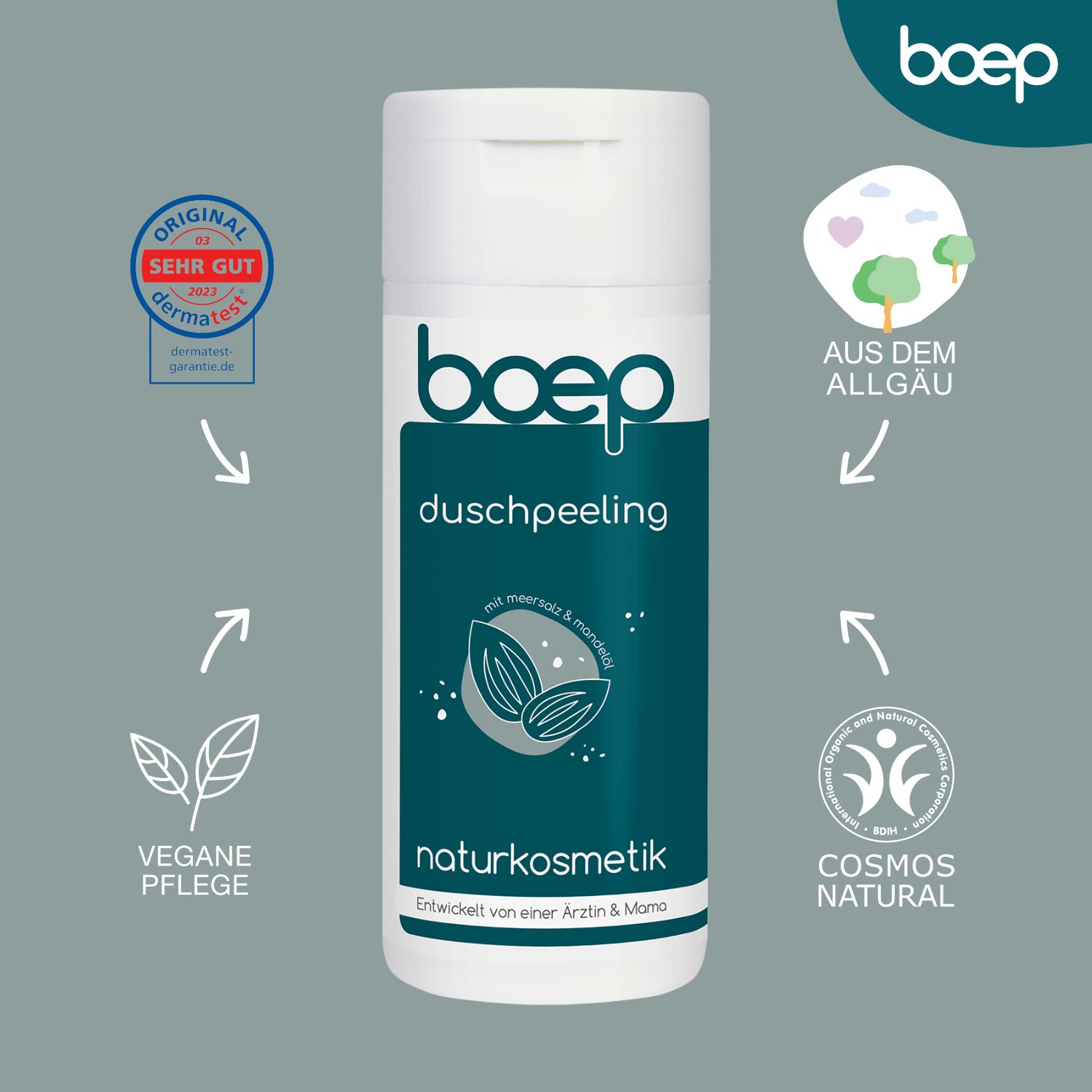Weiße Flasche mit grünem Etikett. Aufschrift: boep, duschpeeling, naturkosmetik. Logos: dermatest, vegan, cosmos natural.