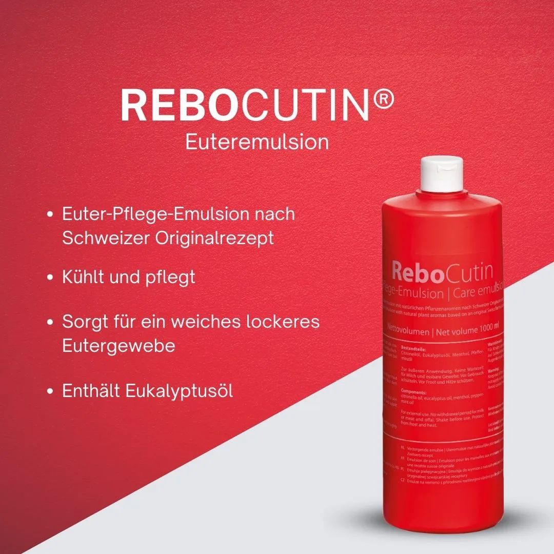 ReboCutin Euteremulsion: Rote Flasche. Kühle und pflege. Enthält Eukalyptusöl.