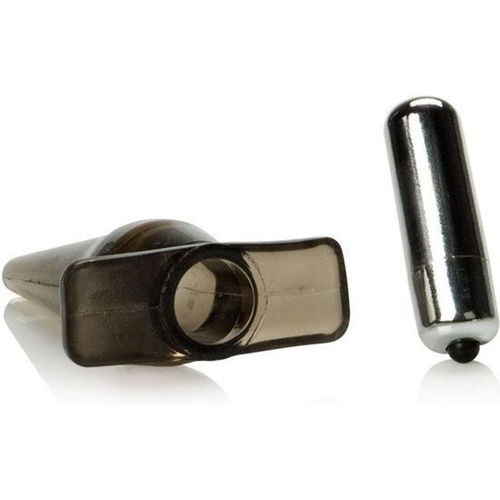 Analplug mit Basis und Vibrator. Schwarz und silberfarben. Zylindrischer Vibrator. Rechteckige Basis mit Loch.