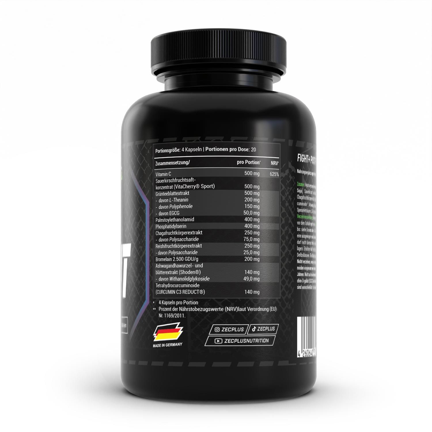 Schwarze Kapsel-Dose mit weißer Schrift. Rückseite mit Nährwertangaben und Inhaltsstoffen. Deutscher Flaggen-Aufdruck.