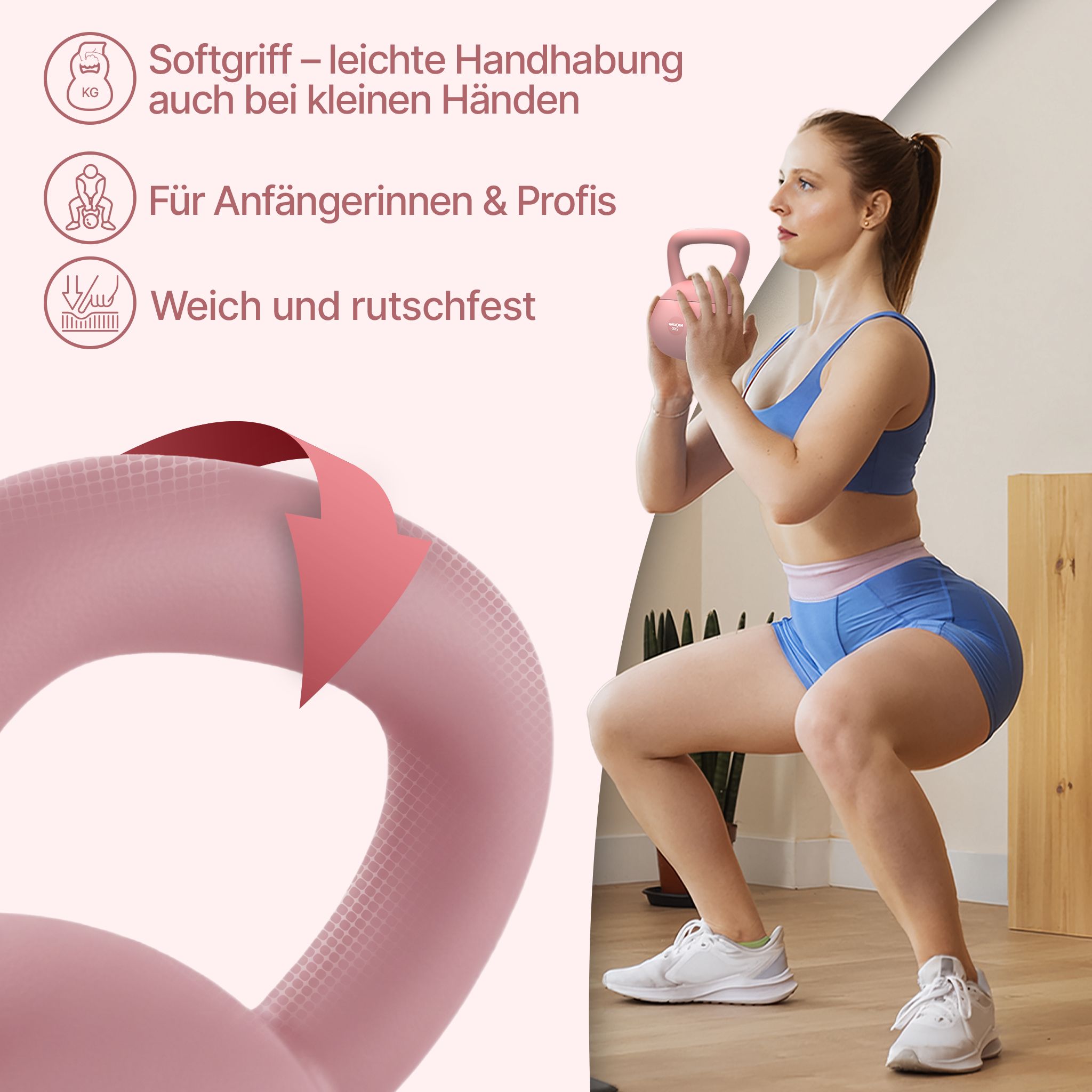Frau trainiert mit rosa Kettlebell (2kg). Merkmale: Softgriff, für Anfängerinnen & Profis, weich und rutschfest.