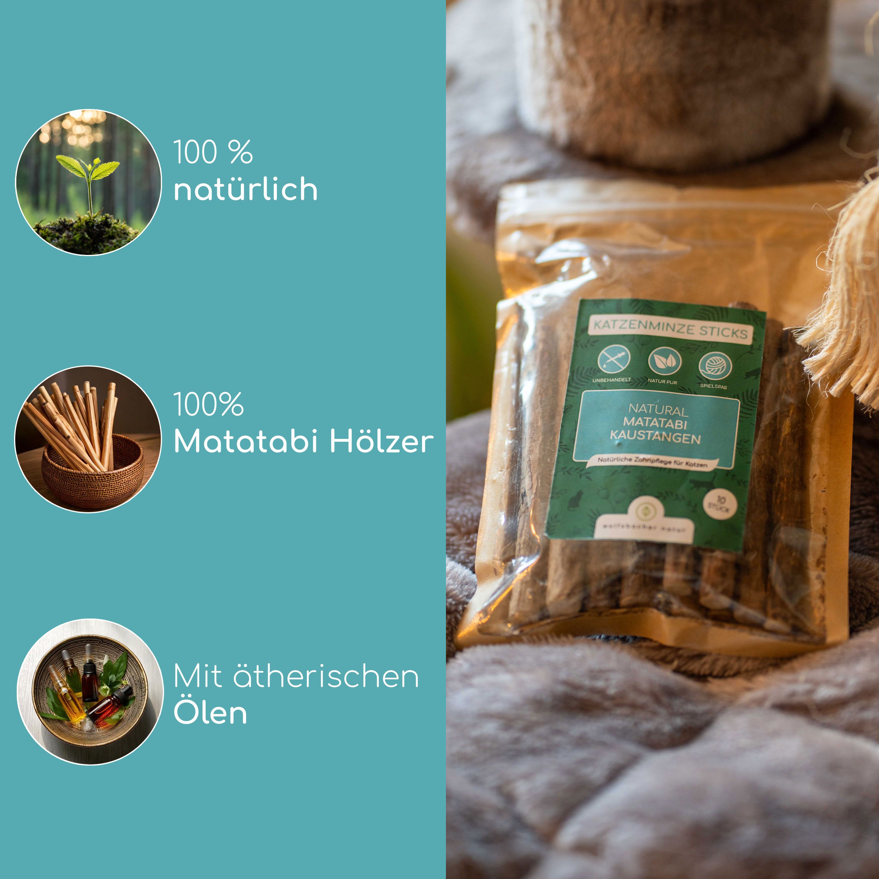 Katzenminze Sticks und Matatabi Hölzer in Schale. Icons: 100% natürlich, mit ätherischen Ölen. Beutel im Hintergrund.