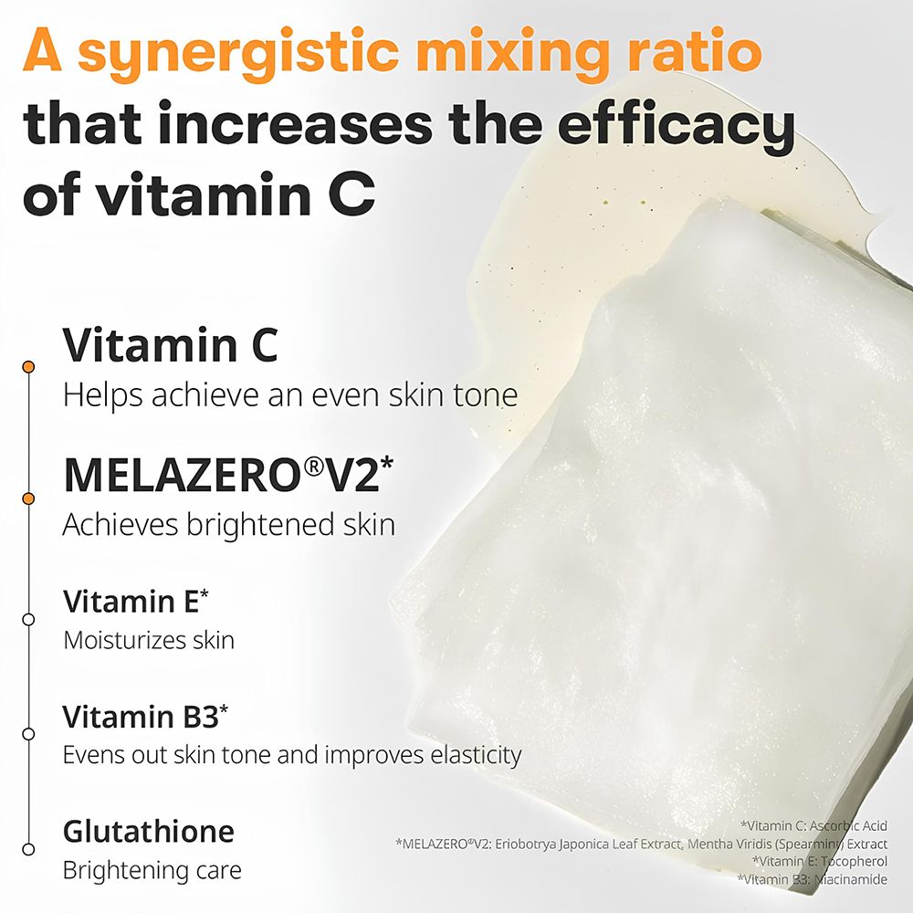 Zwei Texturen: eine klare Flüssigkeit und eine weiße Creme, die Vitamin C, E, B3 und Glutathion enthalten.