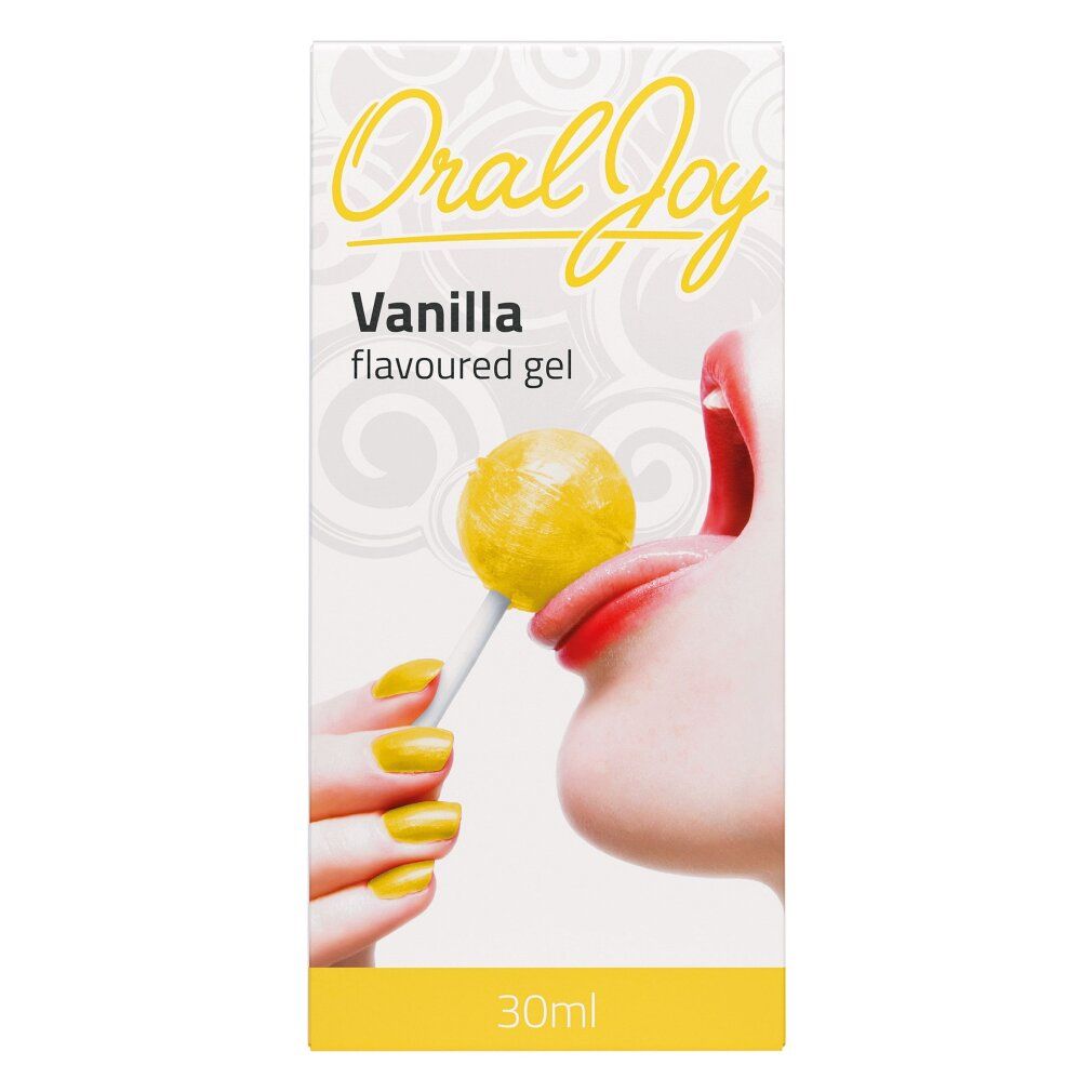 Verpackung mit Text und Abbildung. Aufschrift "Oral Joy Vanilla flavoured gel". Flasche mit gelbem Gel und Sprühkopf.