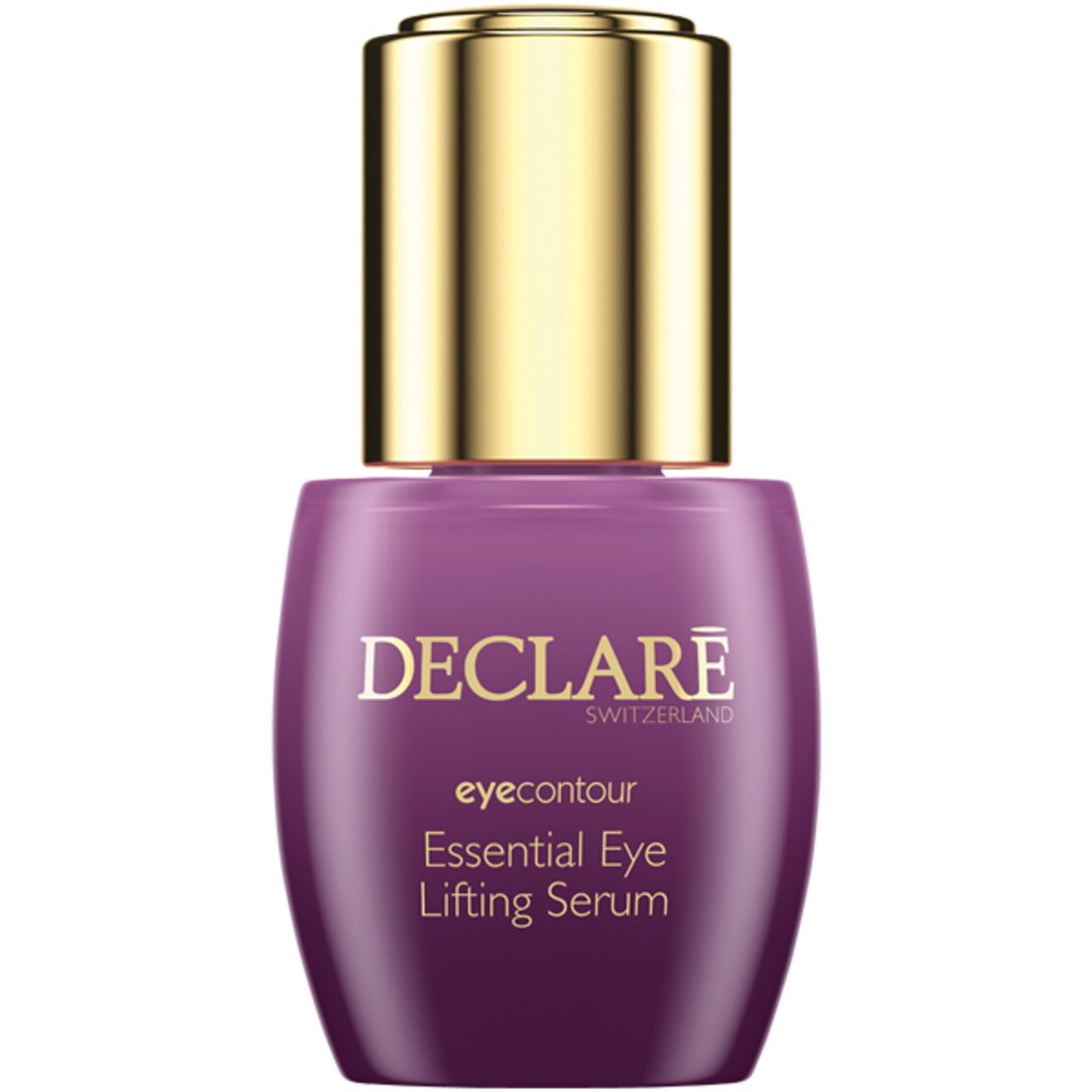 Flacone viola con tappo dorato. Scritta: DECLARÉ SWITZERLAND, eyecountour, Essential Eye Lifting Serum.