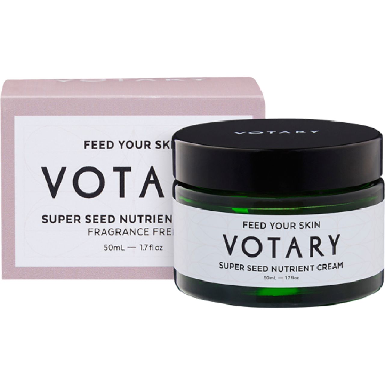 Creme-Glas und rosa Schachtel. Auf dem Glas steht "Votary Super Seed Nutrient Cream". Auf der Schachtel steht "Votary".