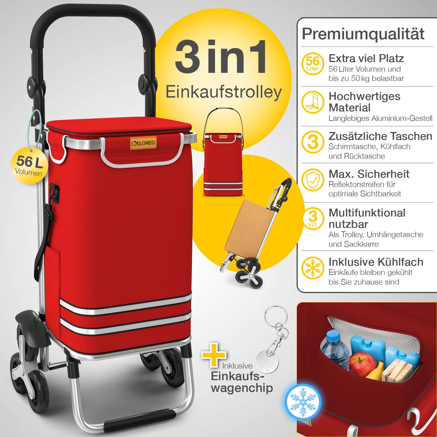 ELONEO Einkaufstrolley Treppensteiger mit Kühlfach