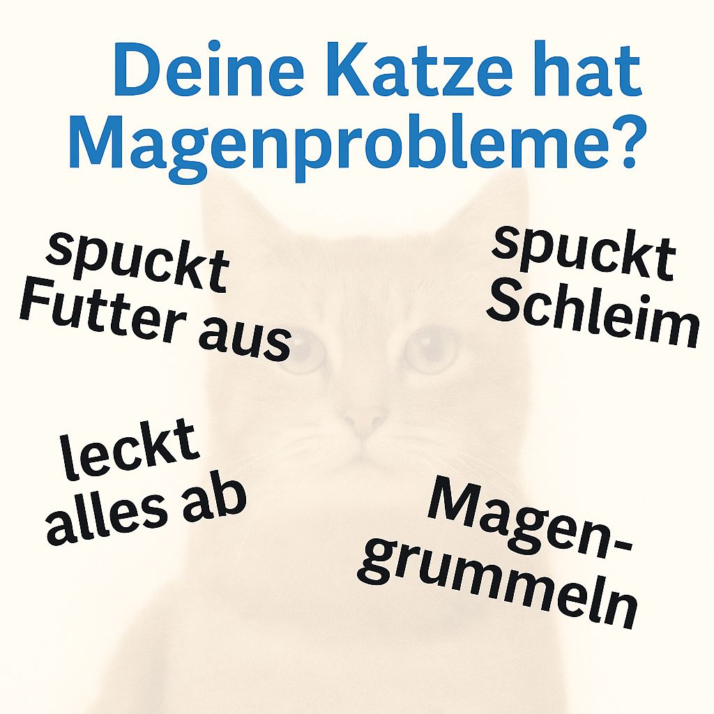 Katze mit Textblasen. Text: spuckt Futter aus, spuckt Schleim, leckt alles ab, Magengrummeln.