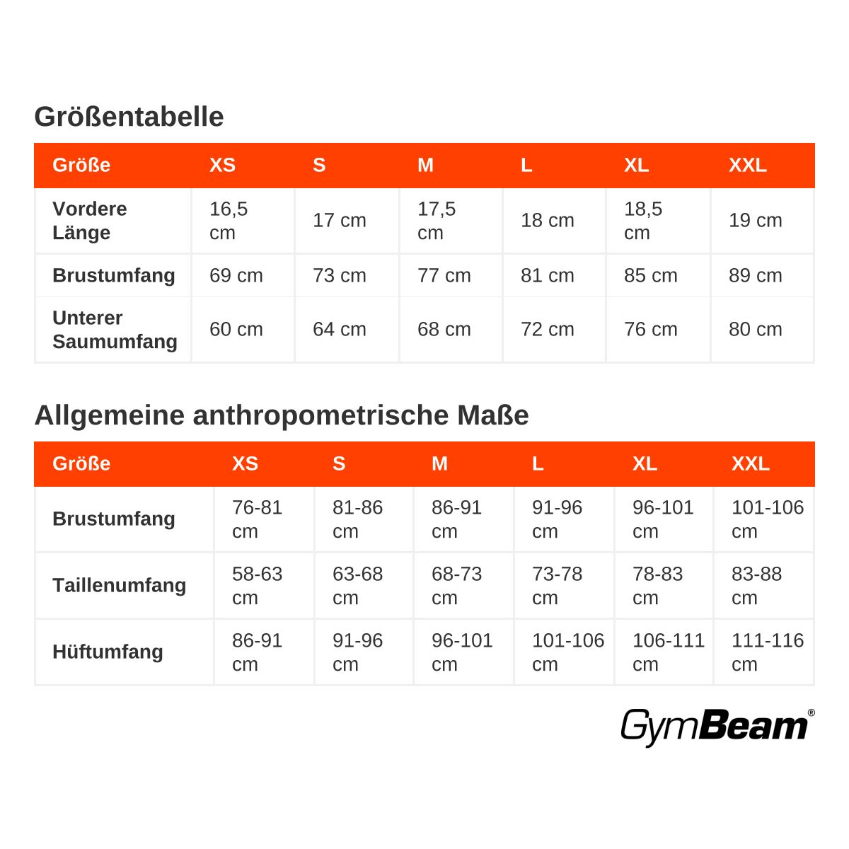 Größentabelle für Sport-BHs und Leggings von GymBeam.