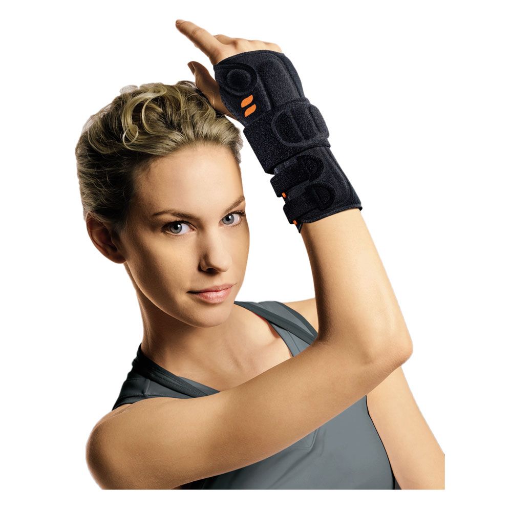 Schwarze Handgelenkbandage mit orangefarbenen Akzenten und Klettverschlüssen, rechts, Größe M.
