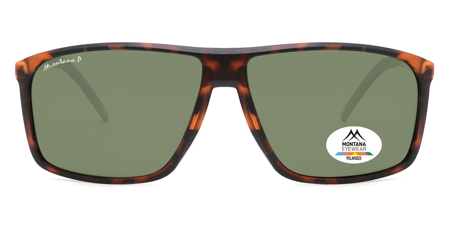Sonnenbrille mit braunem Rahmen und grünen Gläsern. Montana Eyewear Logo und Polarized-Aufkleber. Rechteckige Form.