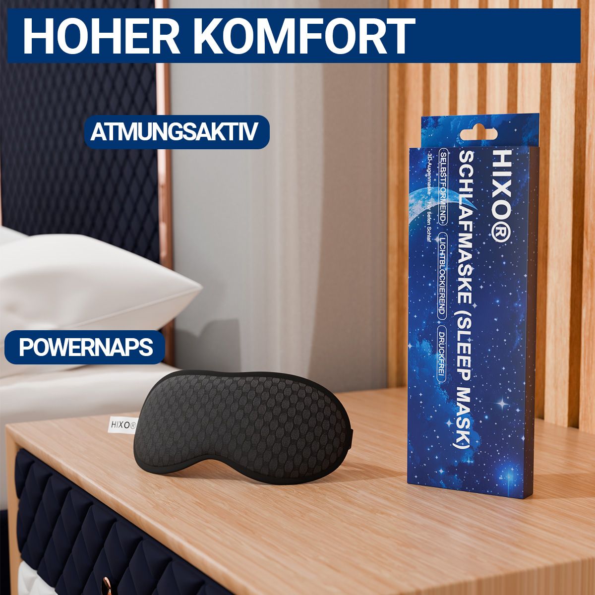 Schlafmaske, schwarz, neben Verpackung. Text: Hoher Komfort, atmungsaktiv, Powernaps. Verpackung mit Produktname und Logo.