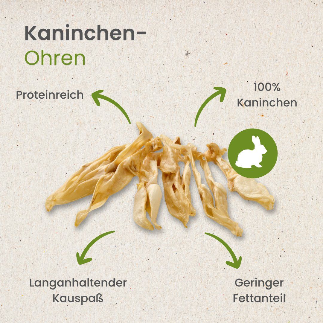 Hundefutter: Kaninchenohren, 8-20 cm lang. Proteinreich, geringer Fettanteil.
