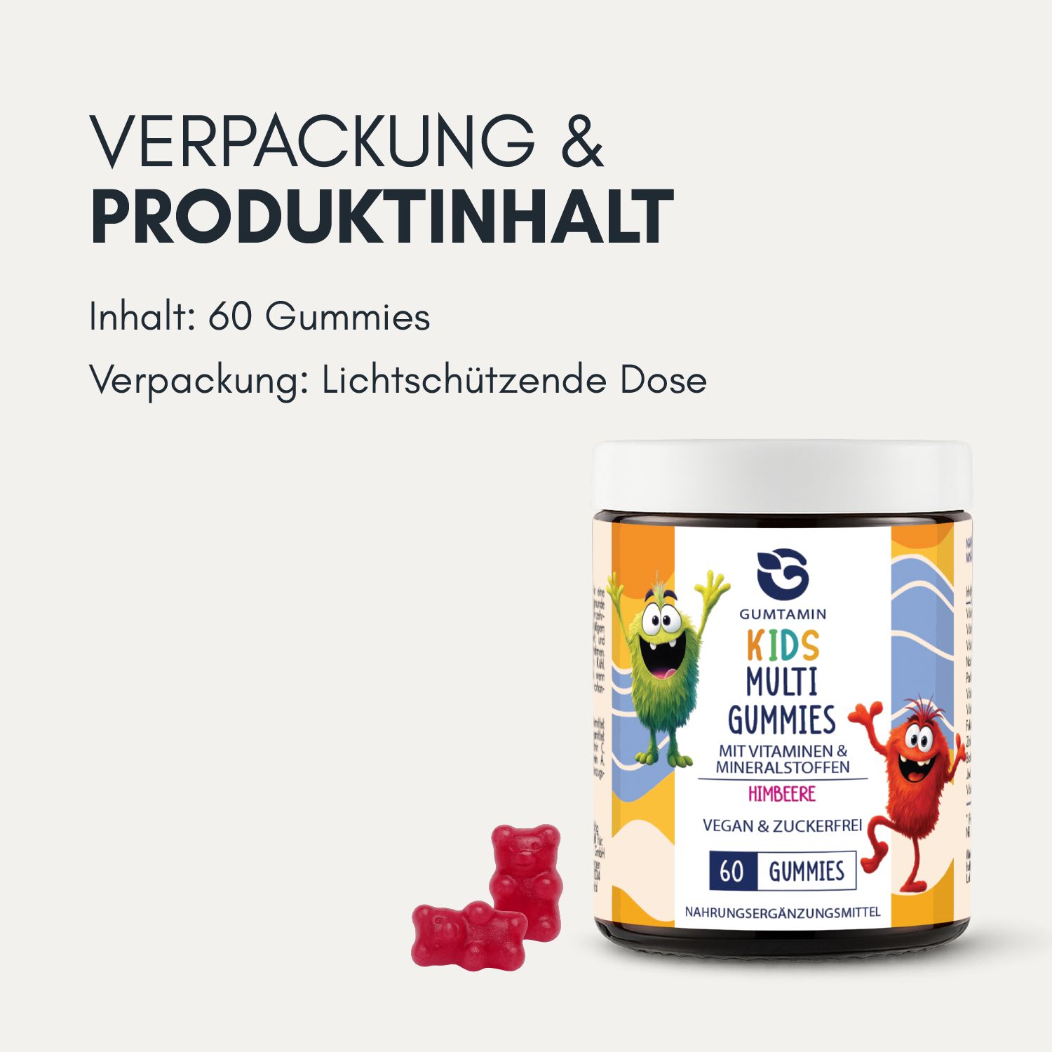Dose "Gumtamin Kids Multi Gummies" mit 60 Gummibärchen. Enthält Vitamine und Mineralstoffe. Himbeergeschmack.