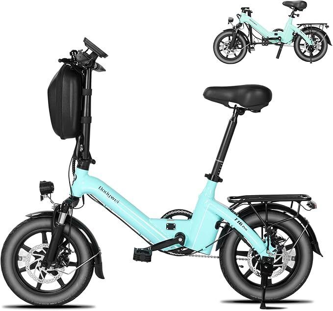 Hellblaues, zusammenklappbares Elektrofahrrad. Schwarze Reifen, Sattel und Details. Gepäckträger hinten. Scheibenbremsen. Bodywel-Logo. Zweite Ansicht oben rechts.