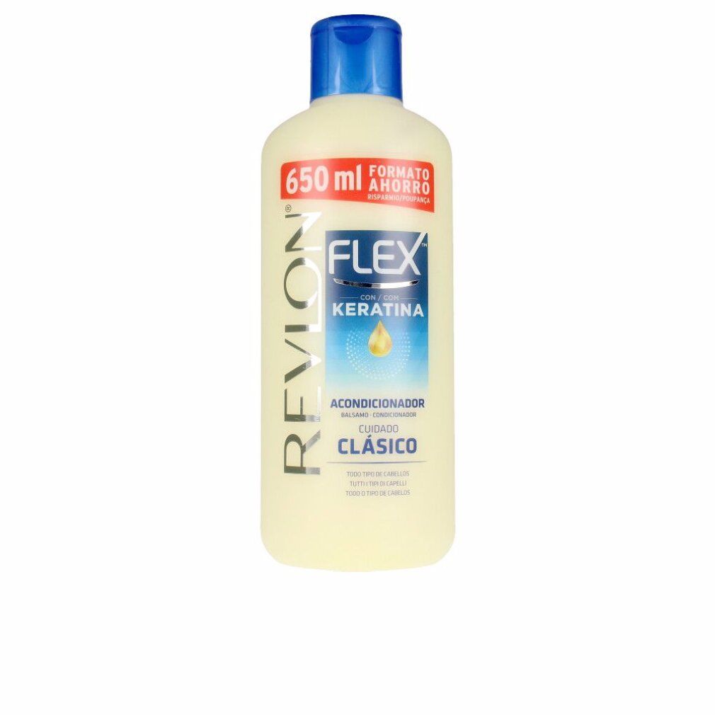 Beige Flasche mit blauem Deckel. Aufschrift: Revlon Flex Keratin Conditioner. 650 ml.