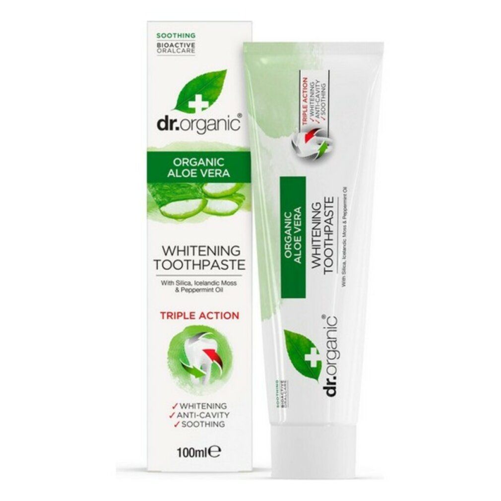 Zahnpasta-Tube. Aufschrift: Organic Aloe Vera Toothpaste. Grün-weißes Design. Rückseite mit Text.