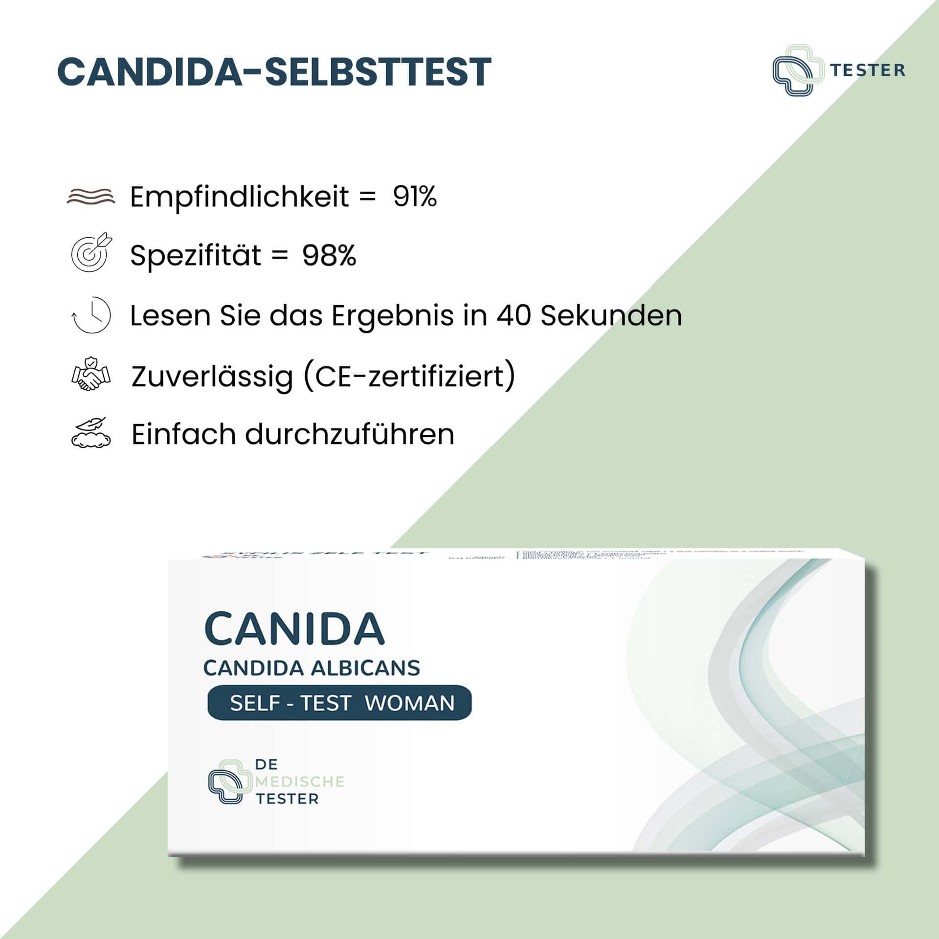Informationen zum Candida-Selbsttest: Empfindlichkeit 91%, Spezifität 98%, Ergebnis in 40 Sek., CE-zertifiziert.