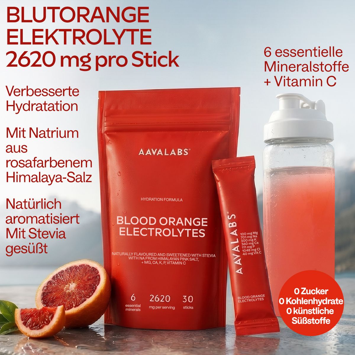 AAVALABS Elektrolyt Pulver Beutel, Stick, Glas mit Getränk, Blutorange.