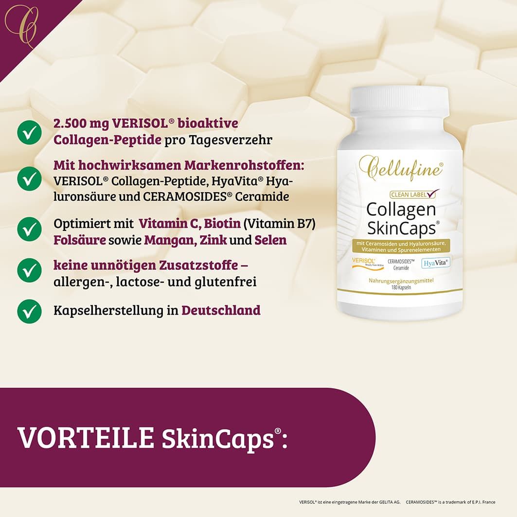 Grafik mit Text: 2.500 mg VERISOL bioaktive Collagen-Peptide pro Tagesverzehr. Mit Markenrohstoffen. Ohne unnötige Zusatzstoffe. Kapselherstellung in Deutschland. Flasche Cellufine.