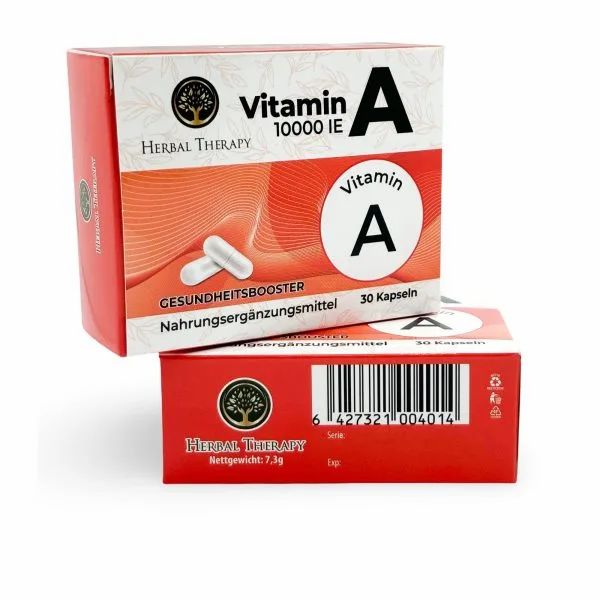 Rote Schachtel mit Vitamin A Kapseln. Aufschrift: Herbal Therapy, Vitamin A 10000 IE, 30 Kapseln. Zwei Kapseln abgebildet. Barcode auf der Unterseite.