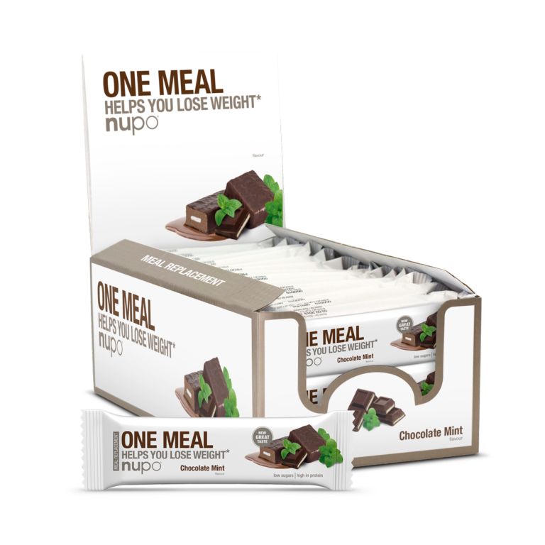 One Meal Riegel in einer Box und einzeln. Schoko-Minze-Geschmack. 'Helps you lose weight'.