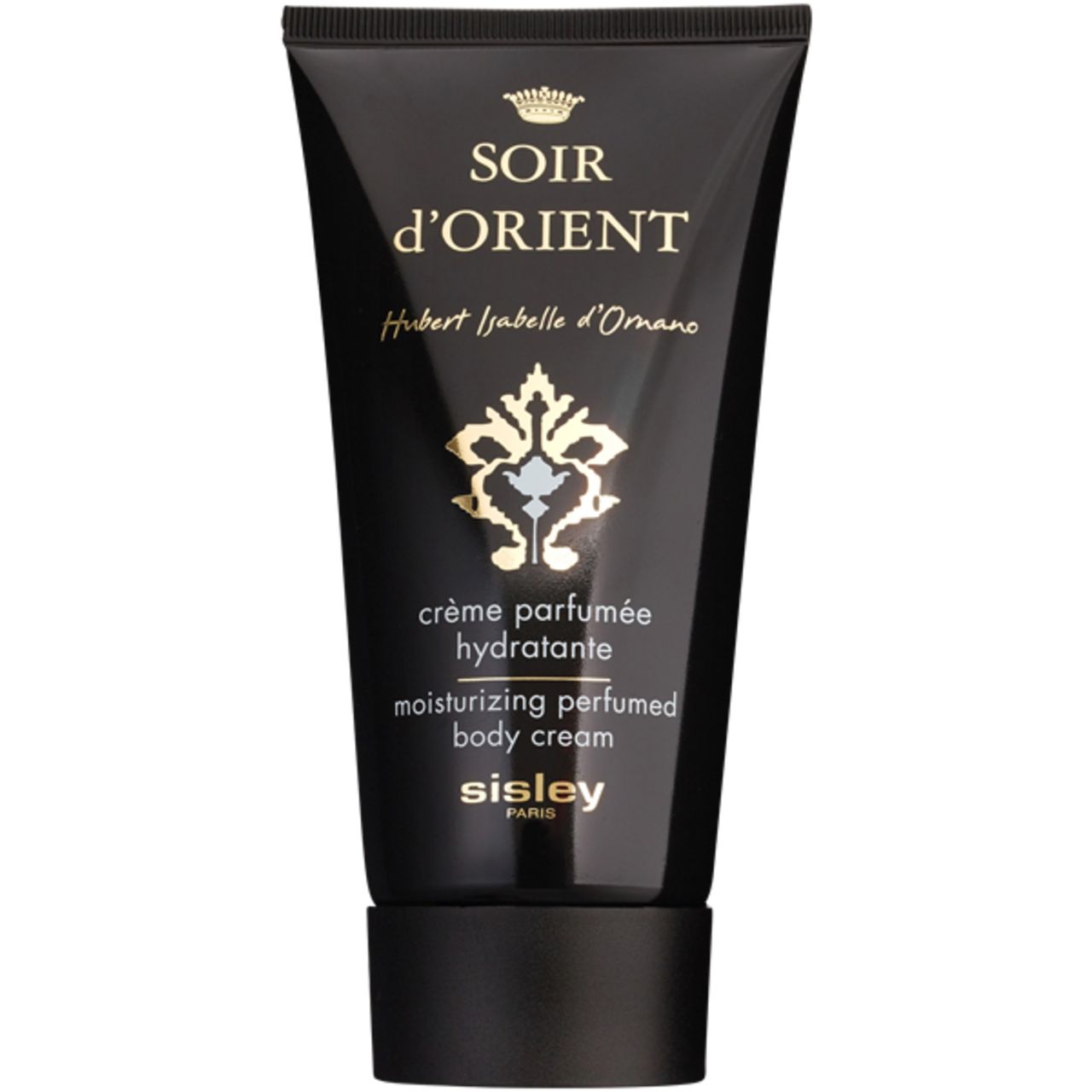 Schwarze Tube mit goldener Schrift. Soir d'Orient Crème Parfumée Hydratante Corps. Sisley Paris.
